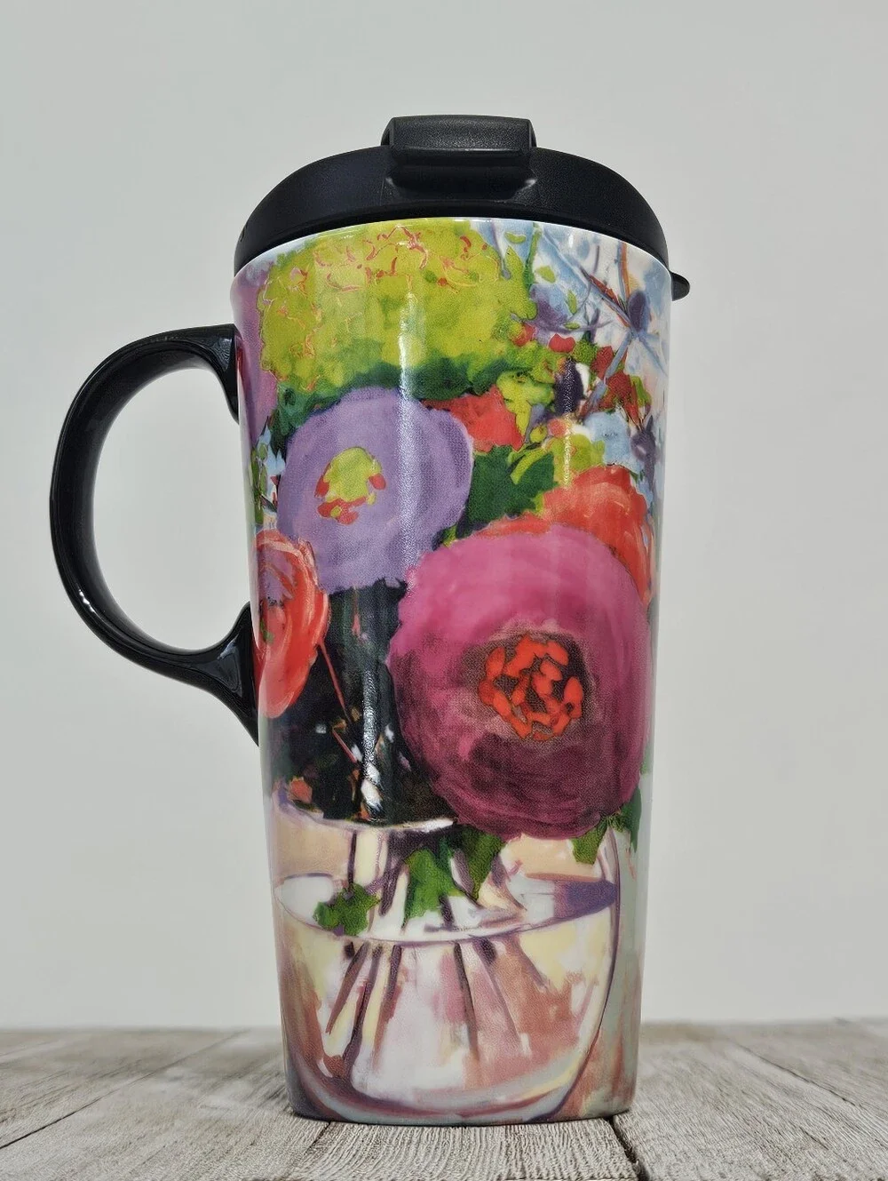 The Perfect Cup 17 oz. Ceramic Floral Cup Travel Mug by Cypress Home with Decora